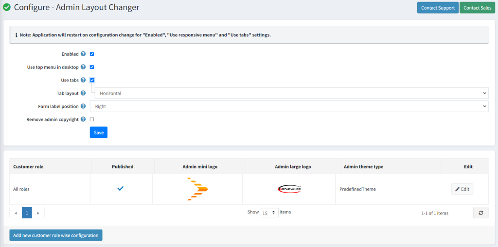admin layout changer configuration page